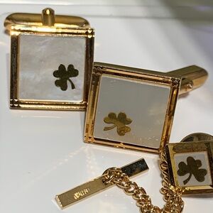 Vintage W. Germany Shamrock Cufflinks & Tie Tack Set – Gold Tone